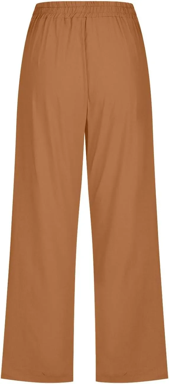 Capri Pants for Women Casual Summer Cotton Elastic High Waist Linen Pants Plus Size Cropped Pant Beach Clothes Trousers