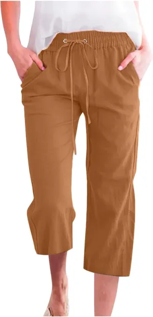 Capri Pants for Women Casual Summer Cotton Elastic High Waist Linen Pants Plus Size Cropped Pant Beach Clothes Trousers