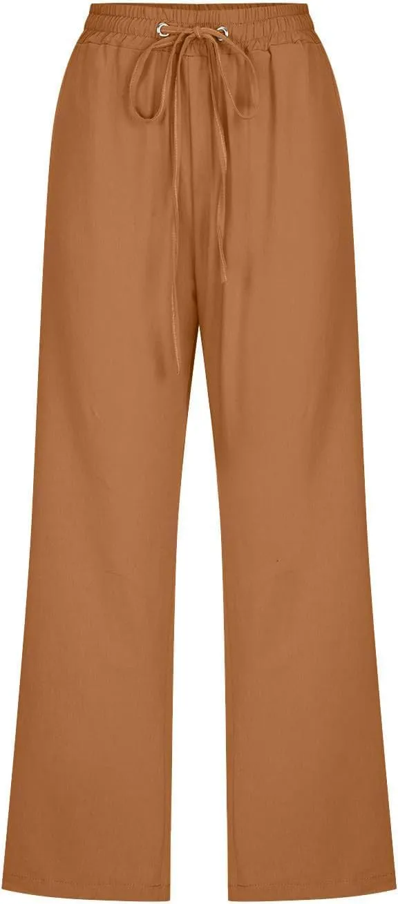Capri Pants for Women Casual Summer Cotton Elastic High Waist Linen Pants Plus Size Cropped Pant Beach Clothes Trousers