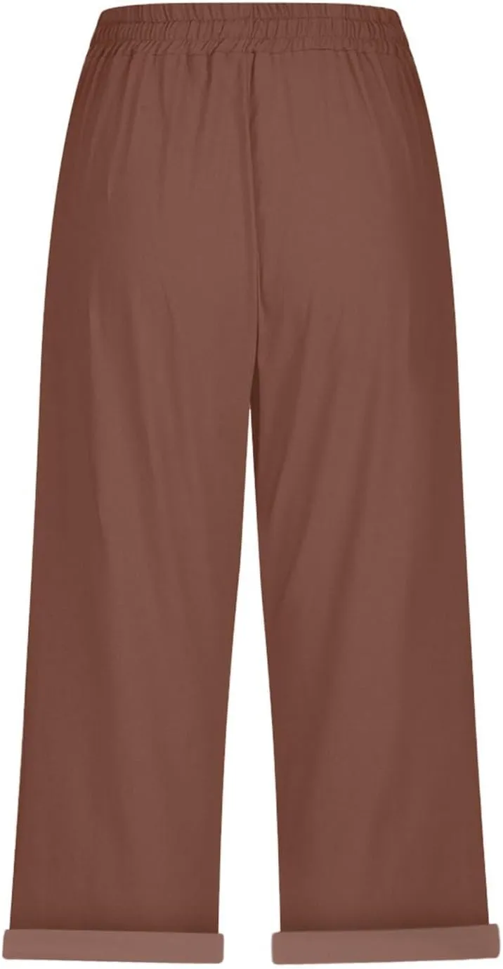Capri Pants for Women Casual Summer Cotton Linen Capris 2025 Straight Leg Drawstring Elastic Waist Cropped Trouser