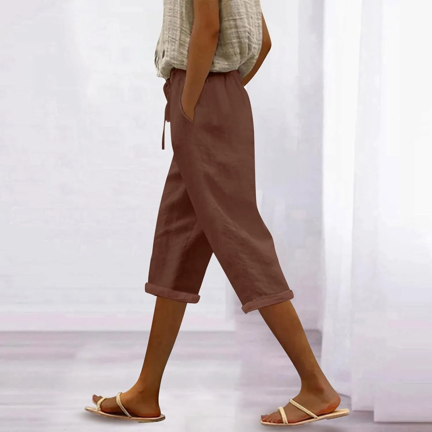 Capri Pants for Women Casual Summer Cotton Linen Capris 2025 Straight Leg Drawstring Elastic Waist Cropped Trouser