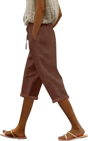 Capri Pants for Women Casual Summer Cotton Linen Capris 2025 Straight Leg Drawstring Elastic Waist Cropped Trouser