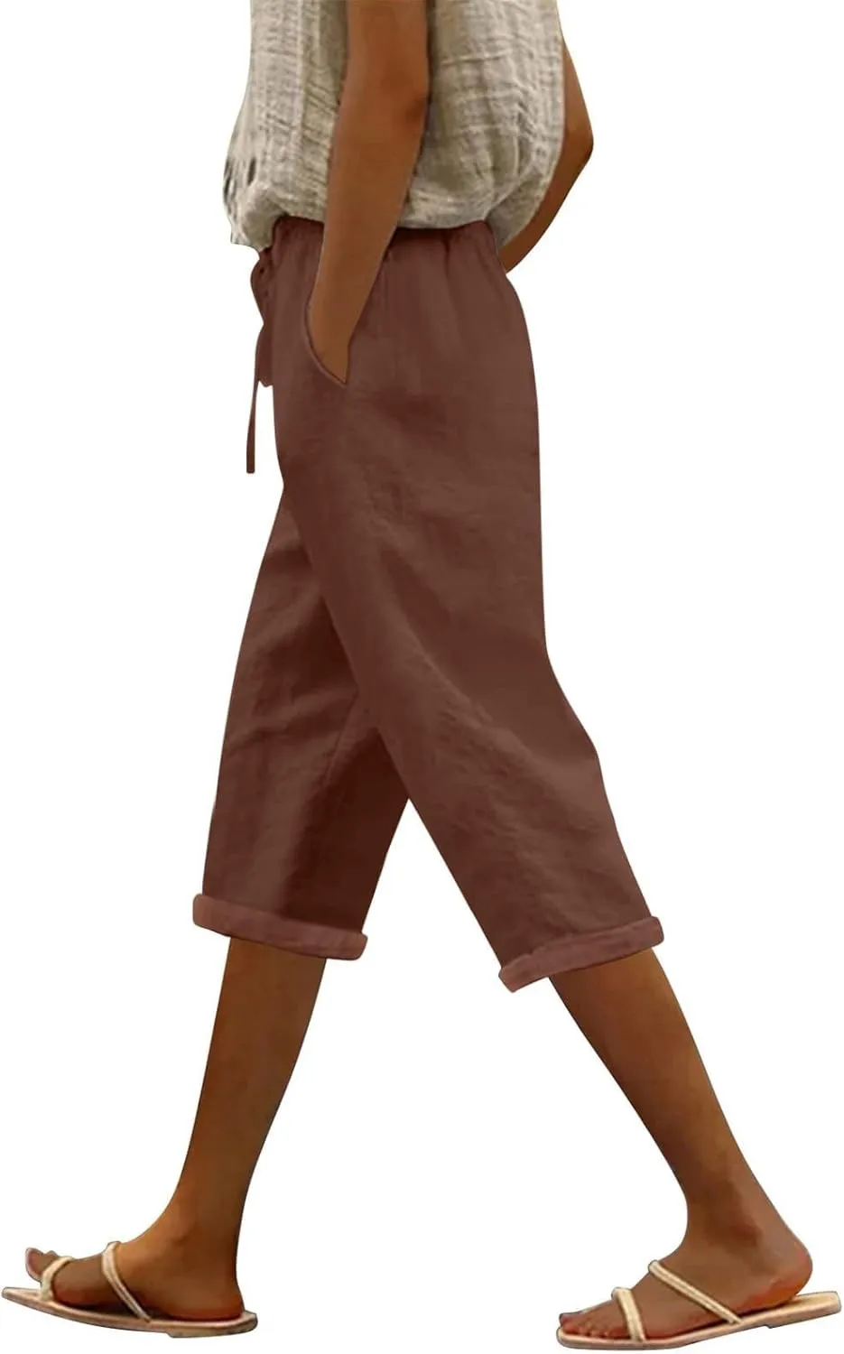 Capri Pants for Women Casual Summer Cotton Linen Capris 2025 Straight Leg Drawstring Elastic Waist Cropped Trouser