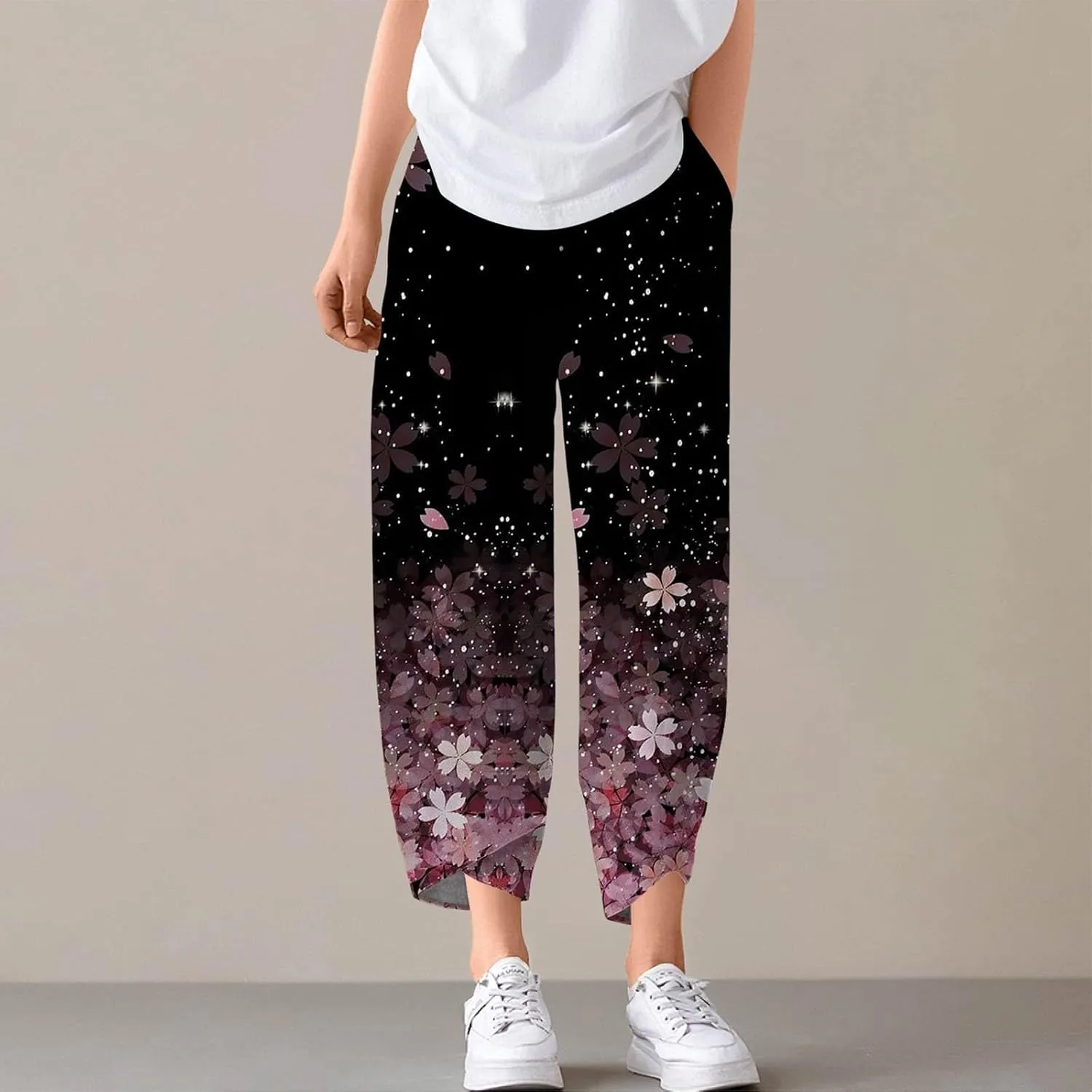 Capri Pants for Women- Flowy Beach Striped Casual Loose Workout Travel Trendy Jogging Baggy Light Weight Stretch