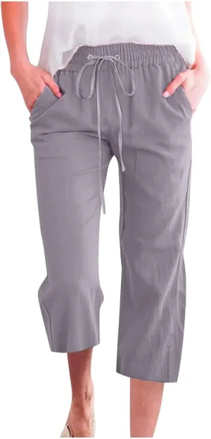 Capri Pants for Women Linen Casual Summer Drawstring Elastic High Waist Straight Wide Leg Cropped Trouser with Pocket