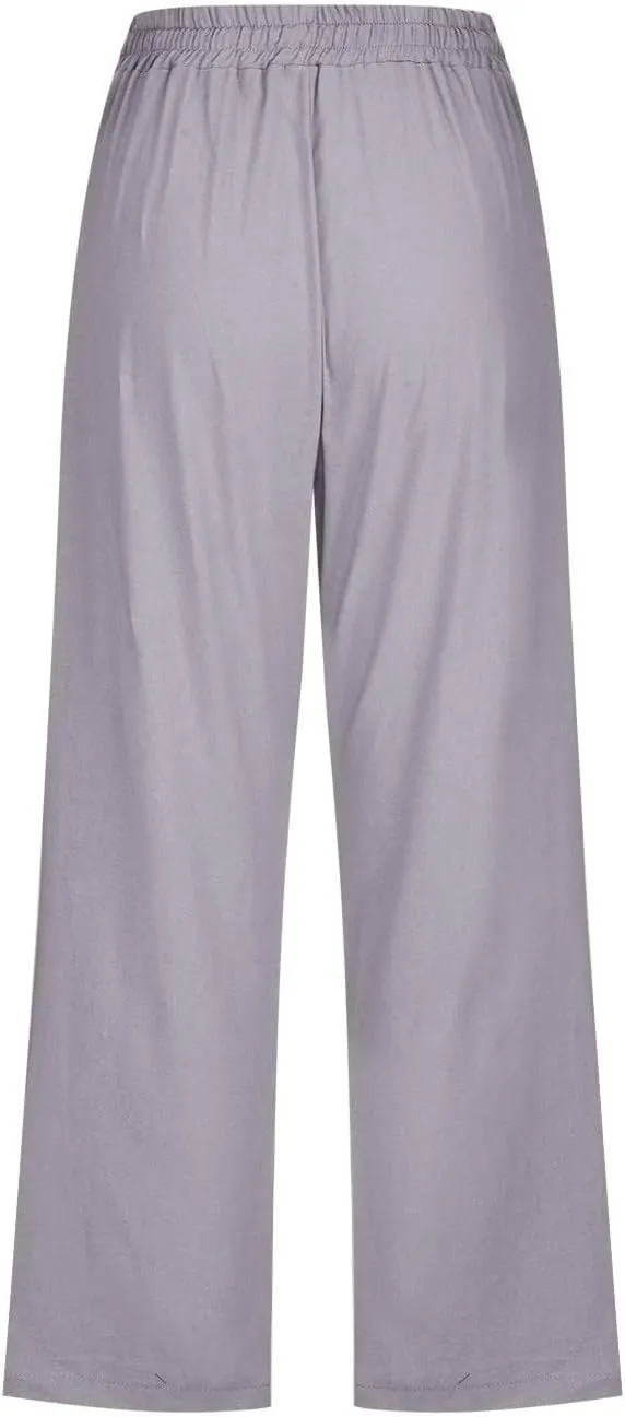 Capri Pants for Women Linen Casual Summer Drawstring Elastic High Waist Straight Wide Leg Cropped Trouser with Pocket