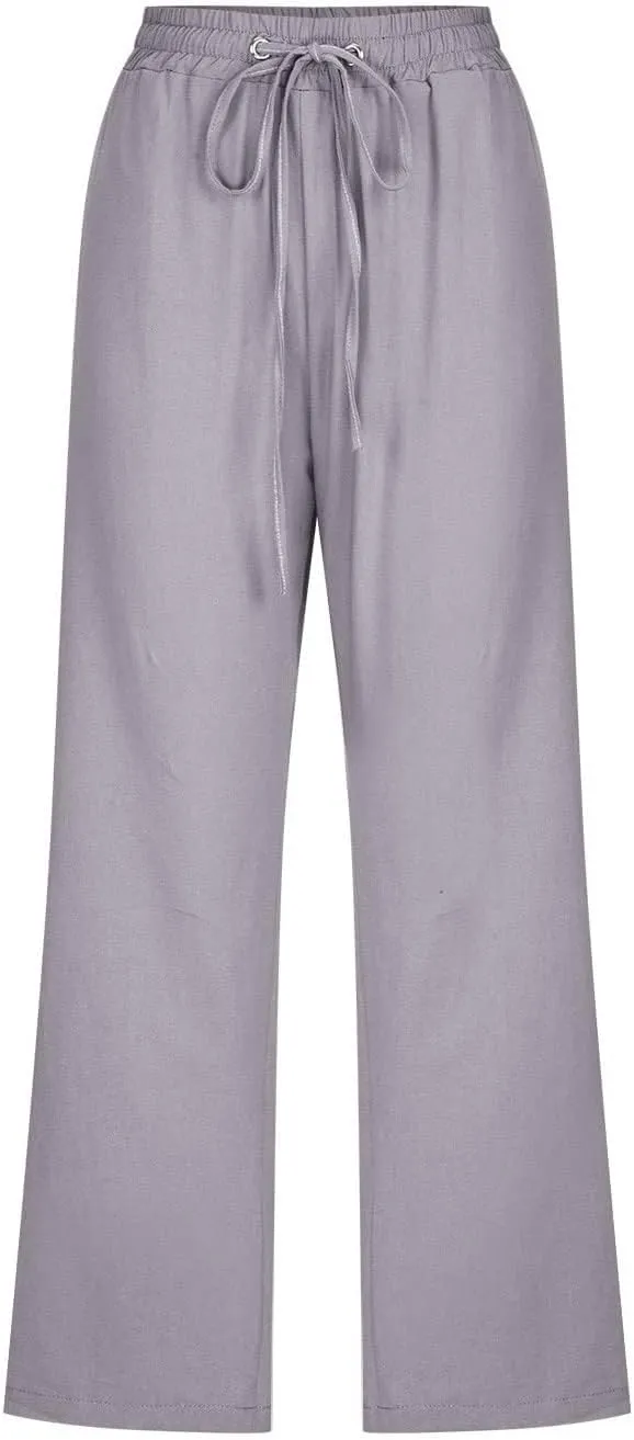 Capri Pants for Women Linen Casual Summer Drawstring Elastic High Waist Straight Wide Leg Cropped Trouser with Pocket