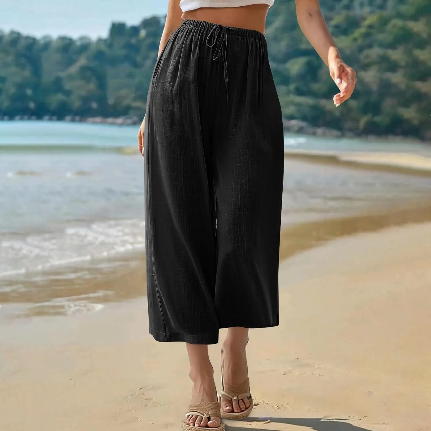 Capri Pants for Women Linen Workout Capri Casual Cropped Elastic Waist High Waist Yoga Casual Summer Cotton Stretch