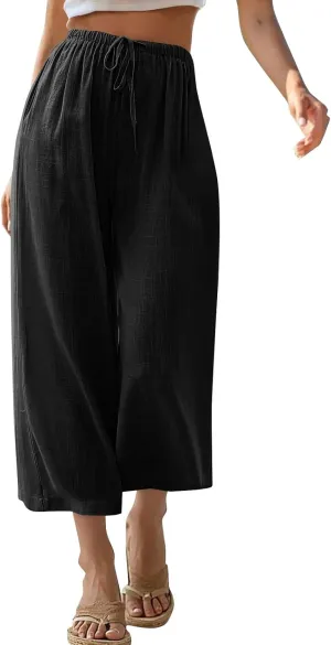 Capri Pants for Women Linen Workout Capri Casual Cropped Elastic Waist High Waist Yoga Casual Summer Cotton Stretch