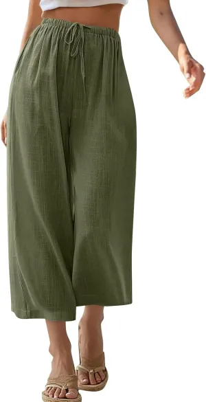 Capri Pants for Women Linen Workout Capri Casual Cropped Elastic Waist High Waist Yoga Casual Summer Cotton Stretch