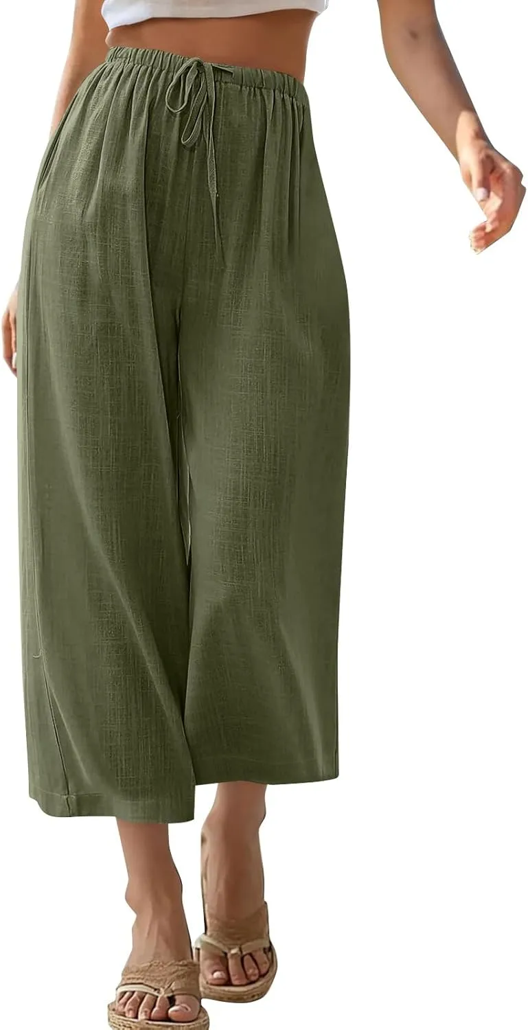Capri Pants for Women Linen Workout Capri Casual Cropped Elastic Waist High Waist Yoga Casual Summer Cotton Stretch
