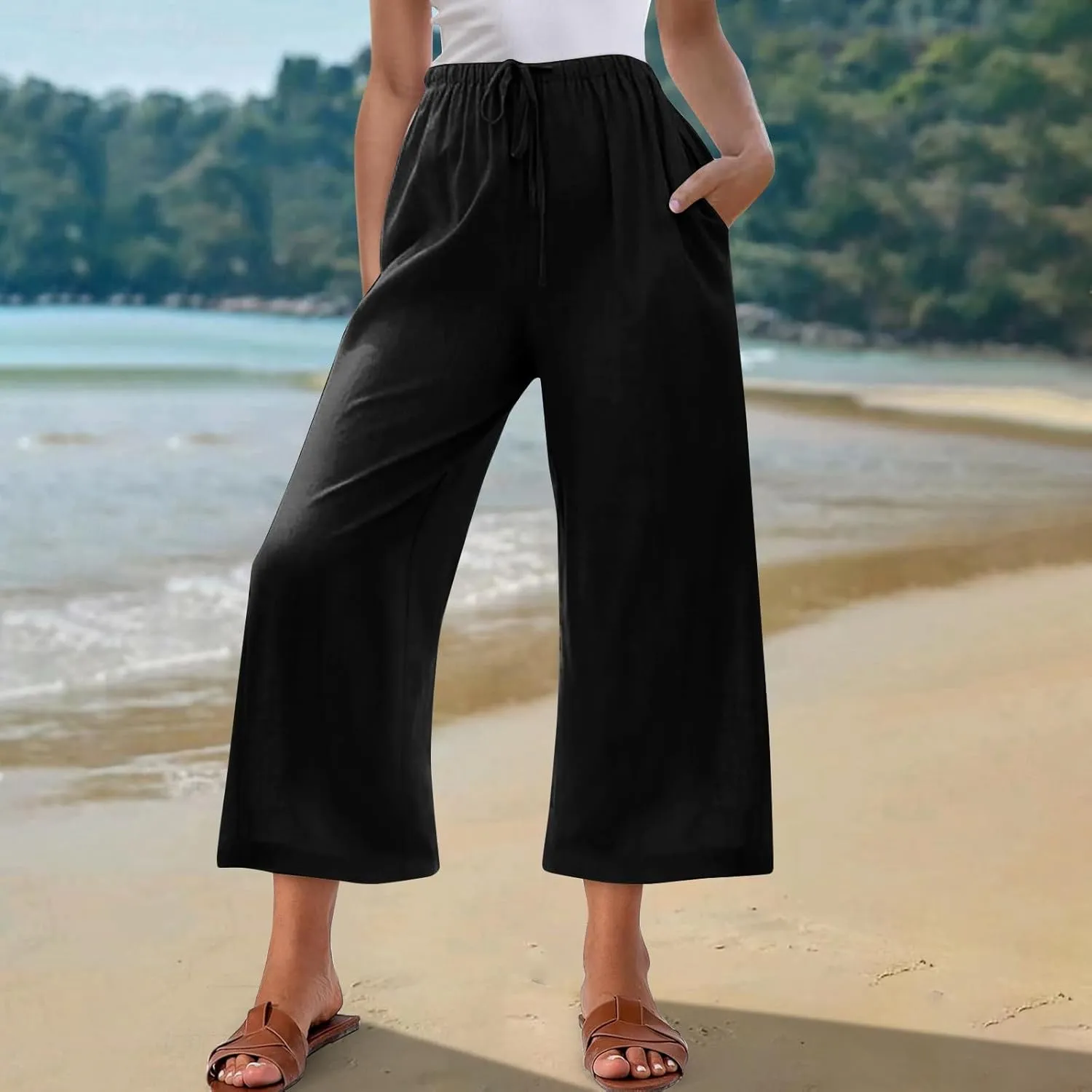 Capri Pants for Women Linen Workout Capri Casual Cropped Elastic Waist High Waist Yoga Casual Summer Cotton Stretch