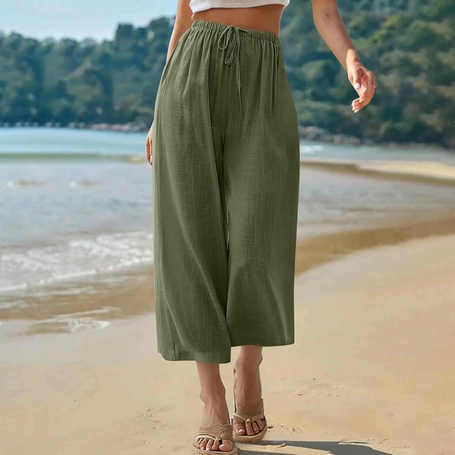Capri Pants for Women Linen Workout Capri Casual Cropped Elastic Waist High Waist Yoga Casual Summer Cotton Stretch