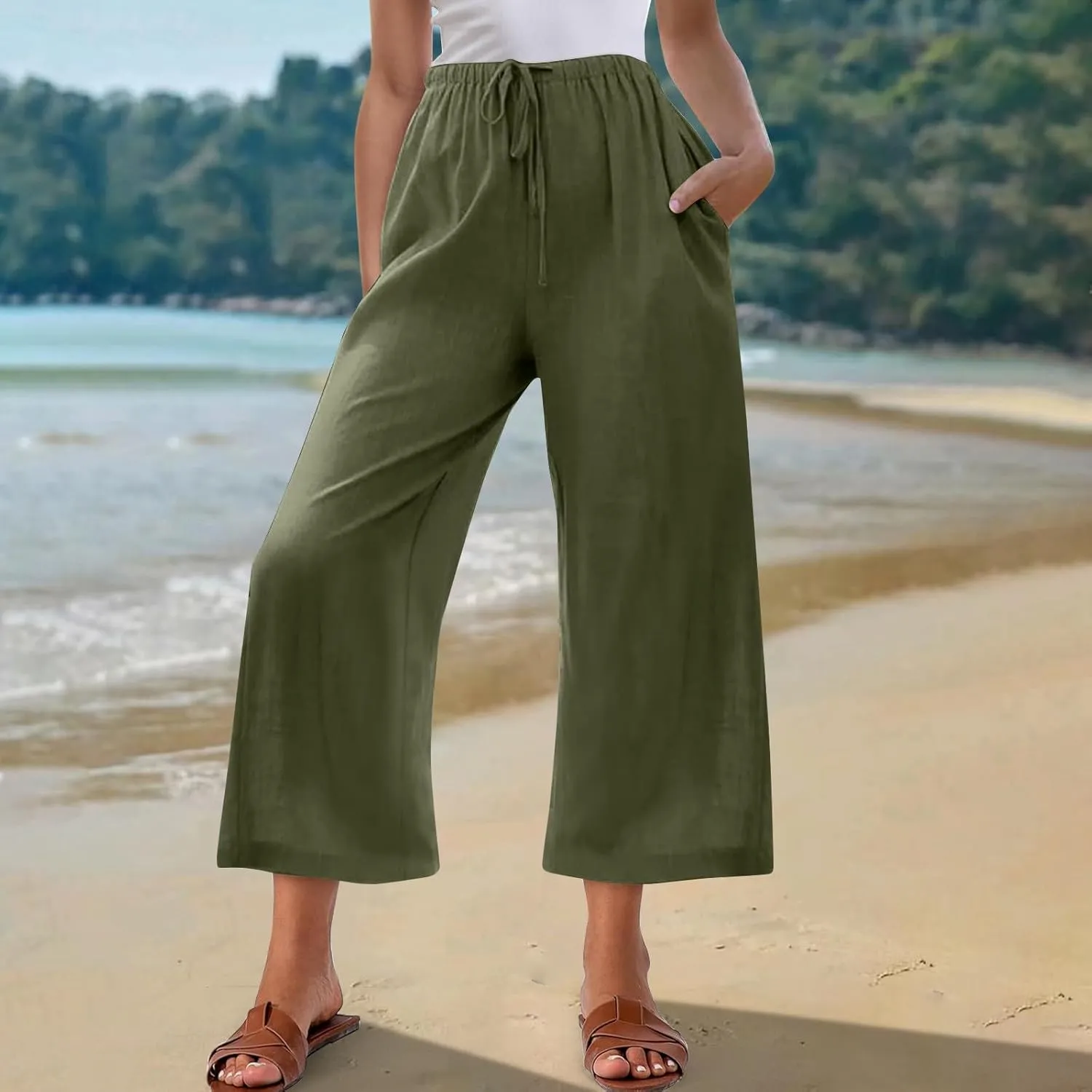 Capri Pants for Women Linen Workout Capri Casual Cropped Elastic Waist High Waist Yoga Casual Summer Cotton Stretch