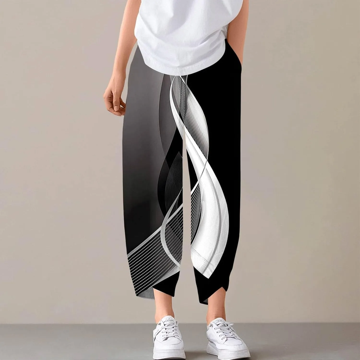 Capri Pants for Women Plus Size- with Pockets Drawstring Trendy Casual Light Weight Baggy Jogging Striped Stretch