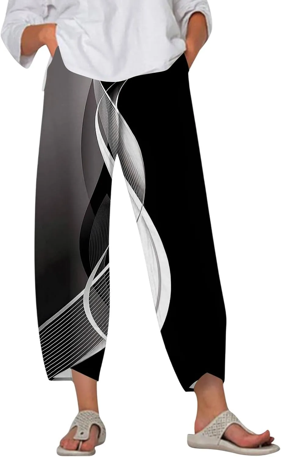 Capri Pants for Women Plus Size- with Pockets Drawstring Trendy Casual Light Weight Baggy Jogging Striped Stretch