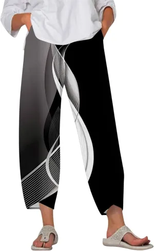 Capri Pants for Women Plus Size- with Pockets Drawstring Trendy Casual Light Weight Baggy Jogging Striped Stretch