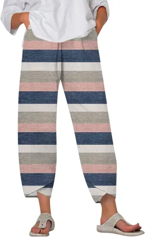 Capri Pants for Women Plus Size- with Pockets Drawstring Trendy Casual Light Weight Baggy Jogging Striped Stretch