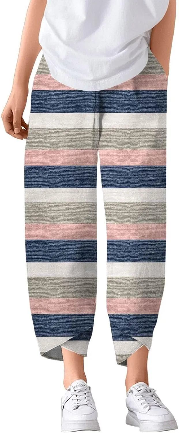 Capri Pants for Women Plus Size- with Pockets Drawstring Trendy Casual Light Weight Baggy Jogging Striped Stretch