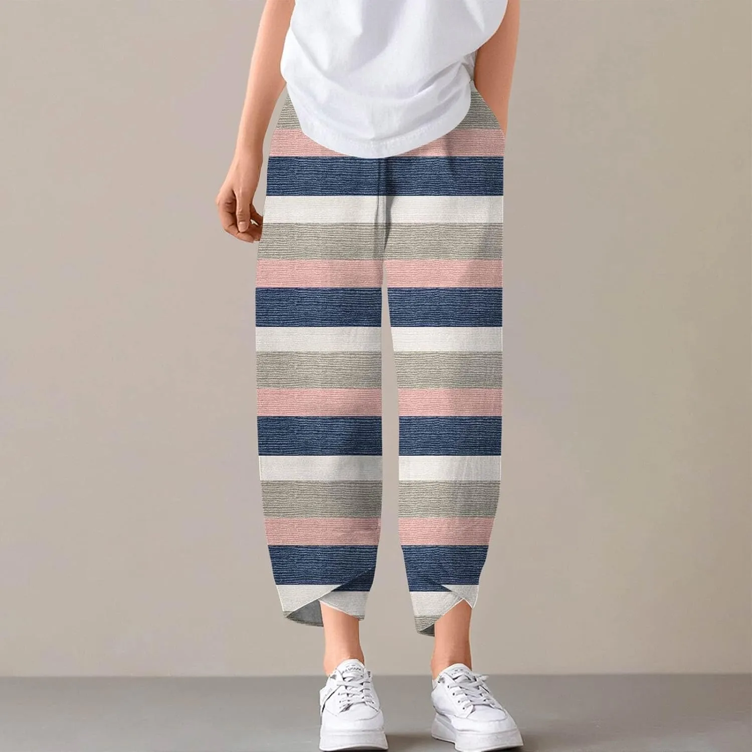Capri Pants for Women Plus Size- with Pockets Drawstring Trendy Casual Light Weight Baggy Jogging Striped Stretch