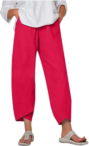 Capri Pants for Women Summer Casual Cotton Linen Wide Leg Capris Elastic Waist Comfy Baggy Cropped Trouser Beach Pant