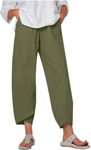 Capri Pants for Women Summer Casual Cotton Linen Wide Leg Capris Elastic Waist Comfy Baggy Cropped Trouser Beach Pant