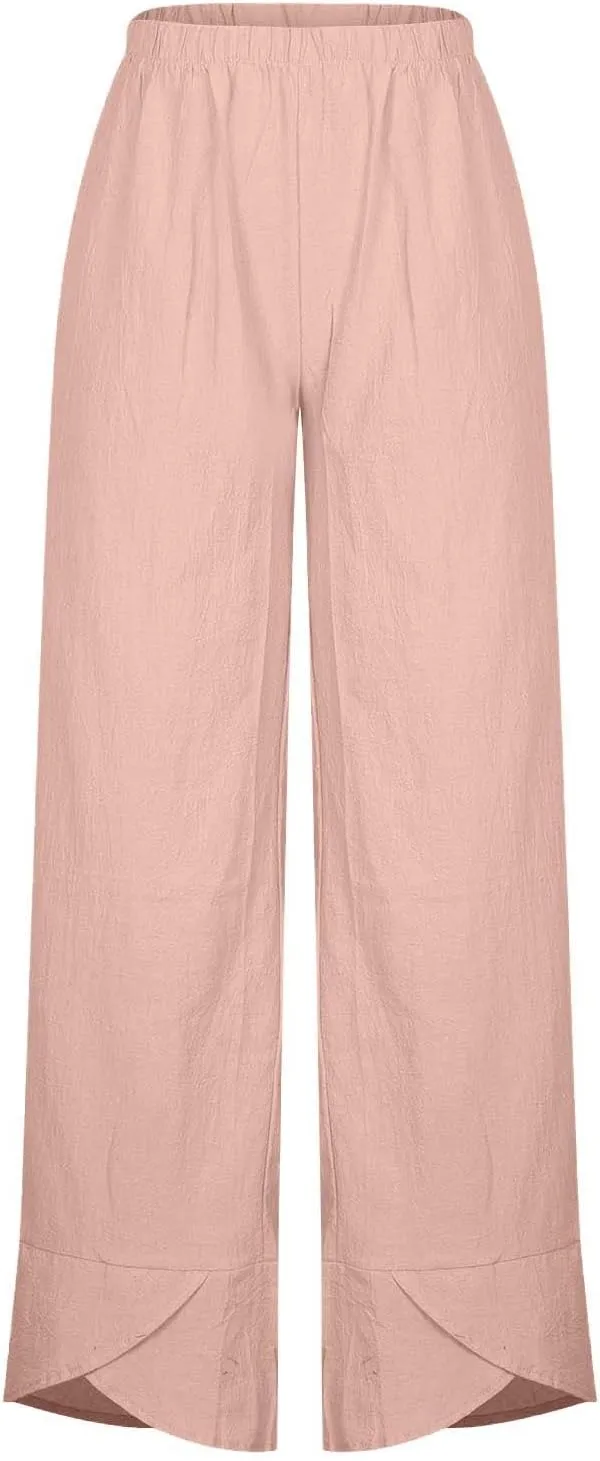 Capri Pants for Women Summer Casual Cotton Linen Wide Leg Capris Elastic Waist Comfy Baggy Cropped Trouser Beach Pant