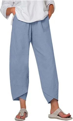 Capri Pants for Women Summer Casual Cotton Linen Wide Leg Capris Elastic Waist Comfy Baggy Cropped Trouser Beach Pant