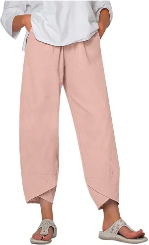 Capri Pants for Women Summer Casual Cotton Linen Wide Leg Capris Elastic Waist Comfy Baggy Cropped Trouser Beach Pant