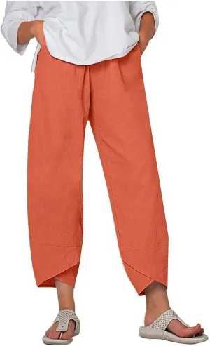 Capri Pants for Women Summer Casual Cotton Linen Wide Leg Capris Elastic Waist Comfy Baggy Cropped Trouser Beach Pant