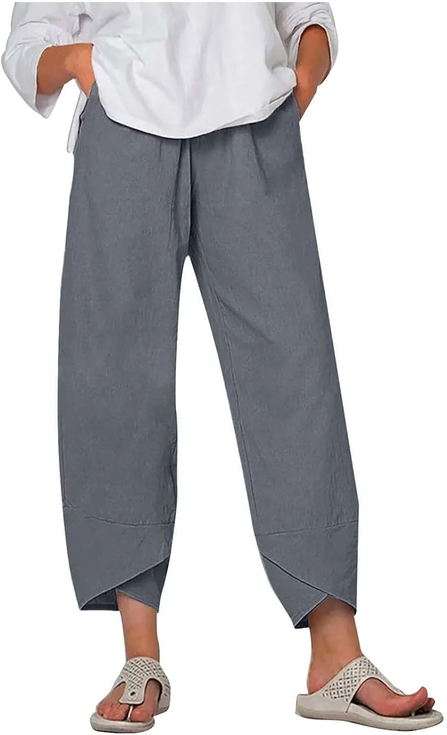 Capri Pants for Women Summer Casual Cotton Linen Wide Leg Capris Elastic Waist Comfy Baggy Cropped Trouser Beach Pant