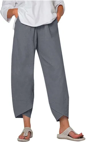 Capri Pants for Women Summer Casual Cotton Linen Wide Leg Capris Elastic Waist Comfy Baggy Cropped Trouser Beach Pant