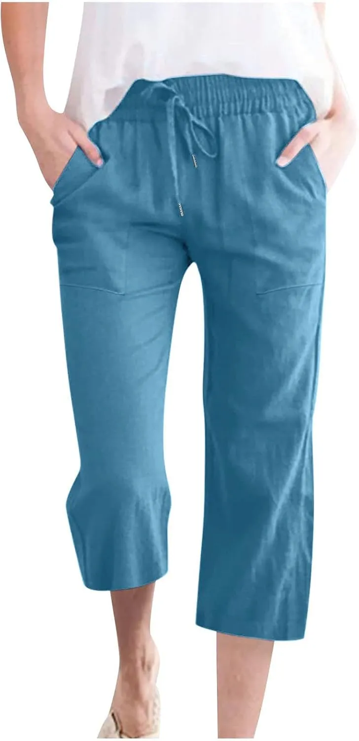 Capri Pants for Women Summer Cotton Linen High Waist Wide Leg Cropped Drawstring Elastic Casual Trouser