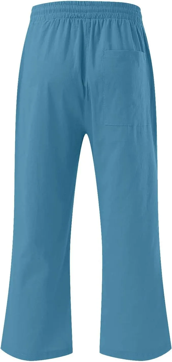 Capri Pants for Women Summer Cotton Linen High Waist Wide Leg Cropped Drawstring Elastic Casual Trouser