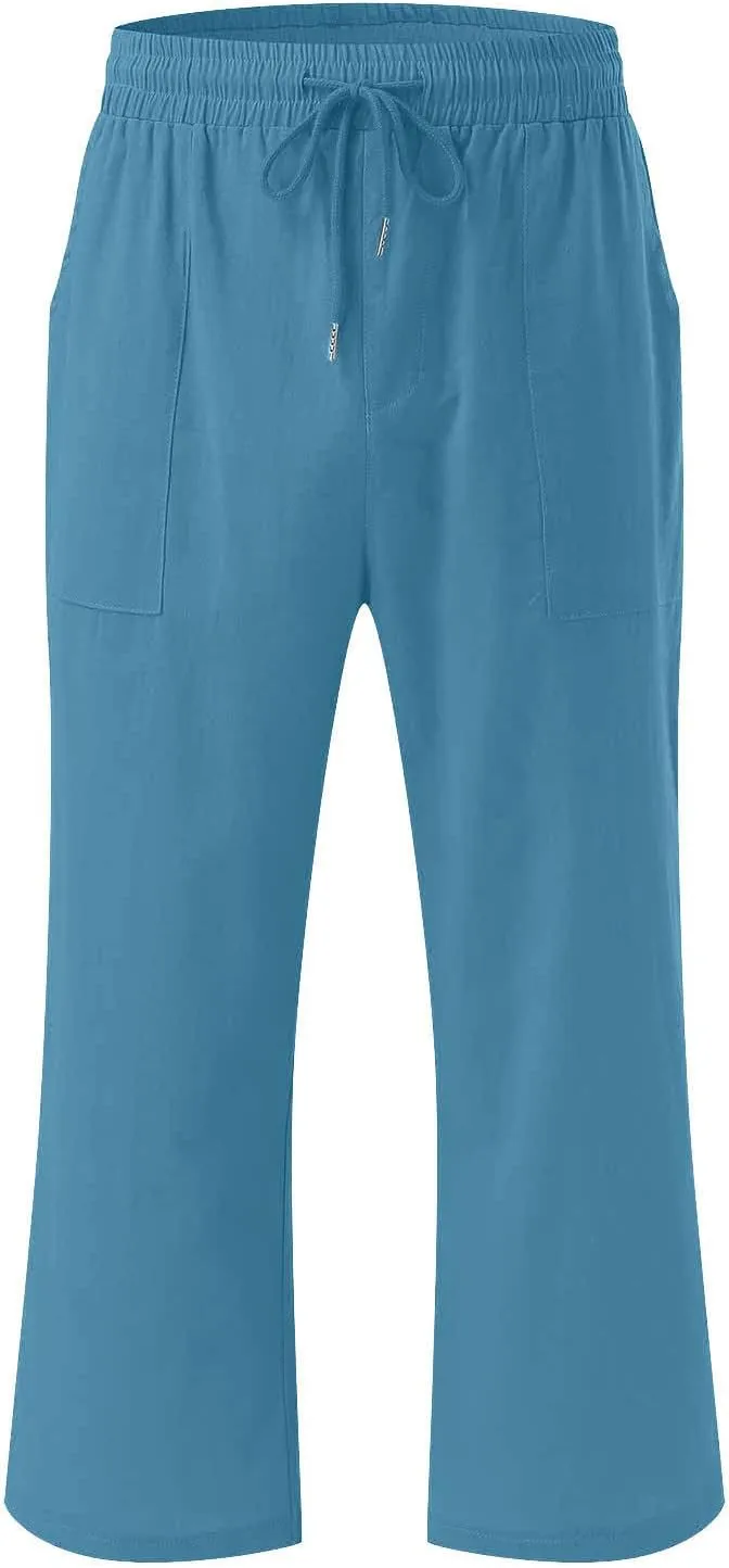 Capri Pants for Women Summer Cotton Linen High Waist Wide Leg Cropped Drawstring Elastic Casual Trouser