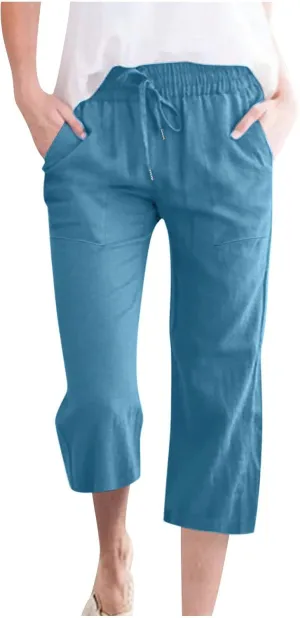 Capri Pants for Women Summer Cotton Linen High Waist Wide Leg Cropped Drawstring Elastic Casual Trouser