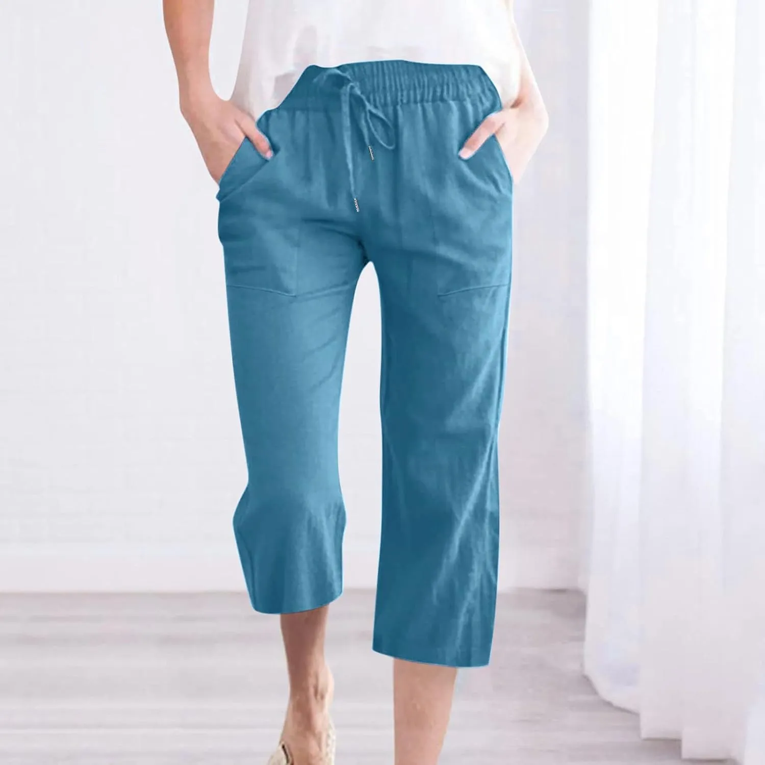 Capri Pants for Women Summer Cotton Linen High Waist Wide Leg Cropped Drawstring Elastic Casual Trouser