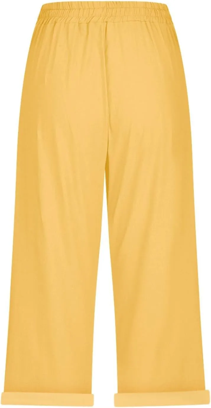 Capri Pants for Women Summer Cotton Linen Pants Casual Drawstring Elastic High Waist Cropped Trouser with Pockets