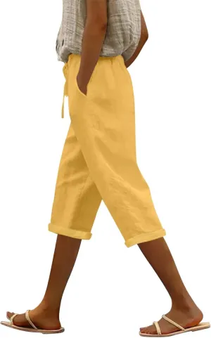 Capri Pants for Women Summer Cotton Linen Pants Casual Drawstring Elastic High Waist Cropped Trouser with Pockets