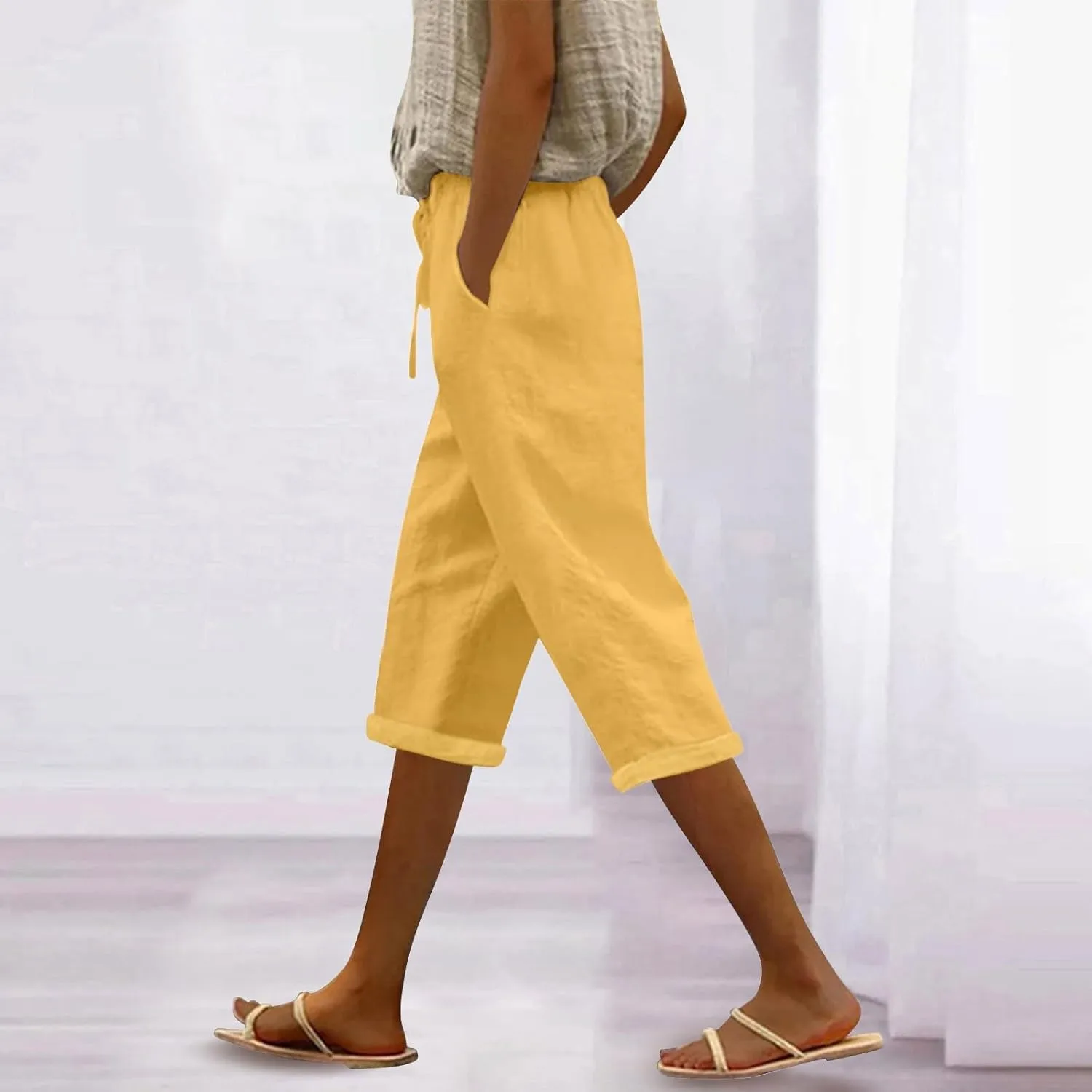 Capri Pants for Women Summer Cotton Linen Pants Casual Drawstring Elastic High Waist Cropped Trouser with Pockets