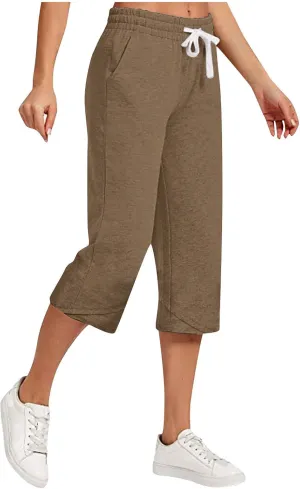 Capri Pants for Women Summer Elastic High Waisted Cotton Linen Lounge Pant Drawstring Causal Trousers with Pockets