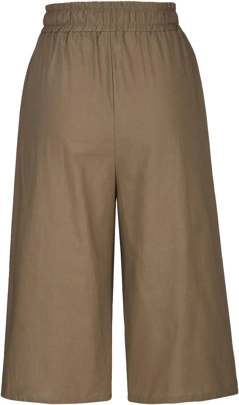 Capri Pants for Women Summer Elastic High Waisted Cotton Linen Lounge Pant Drawstring Causal Trousers with Pockets