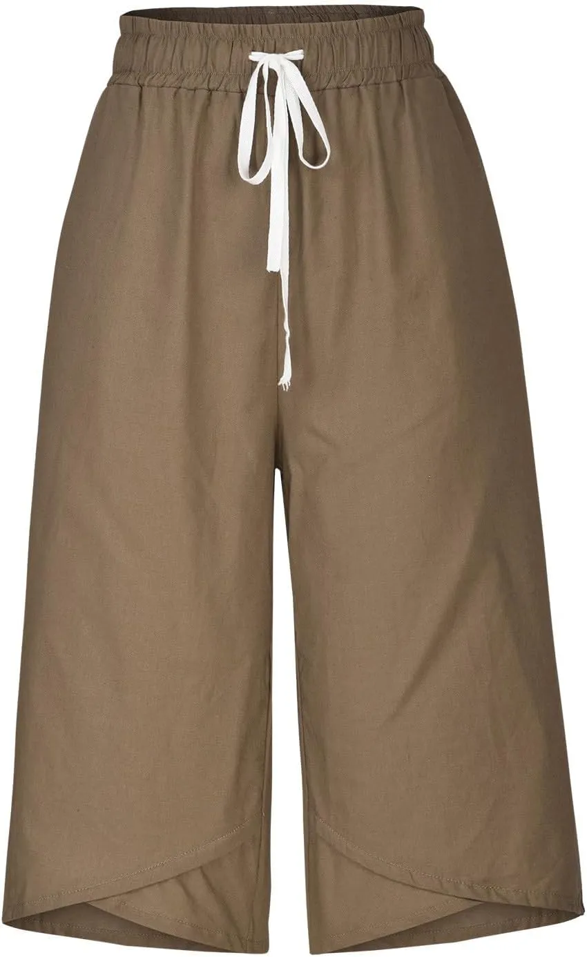 Capri Pants for Women Summer Elastic High Waisted Cotton Linen Lounge Pant Drawstring Causal Trousers with Pockets