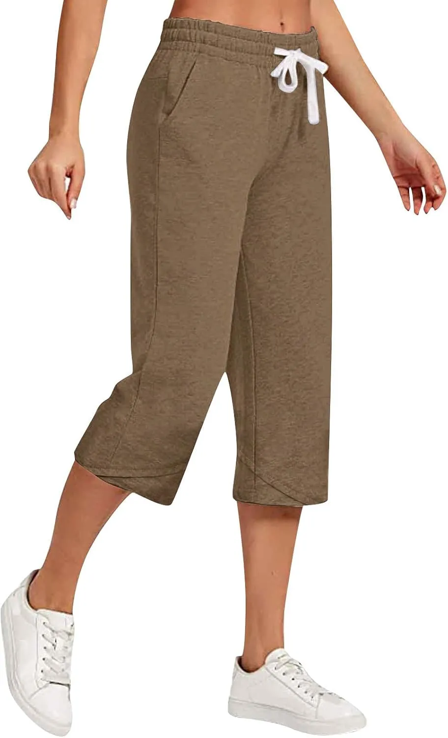 Capri Pants for Women Summer Elastic High Waisted Cotton Linen Lounge Pant Drawstring Causal Trousers with Pockets