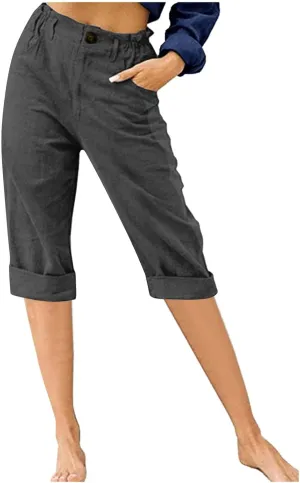 Capris for Women 2025 Summer Casual Plus Size Beach Cotton Linen Pants Trendy Elastic Waist Vacation Cropped Trousers