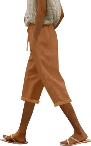 Capris Pants for Women Color Cotton Linen Elastic Seven Pants Beach Casual Pants Linen Baggy Comfort Trousers with