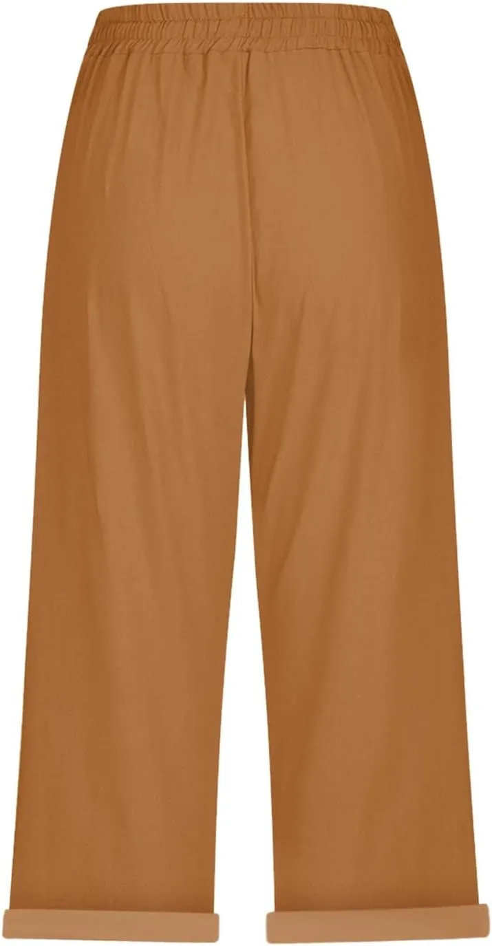 Capris Pants for Women Color Cotton Linen Elastic Seven Pants Beach Casual Pants Linen Baggy Comfort Trousers with