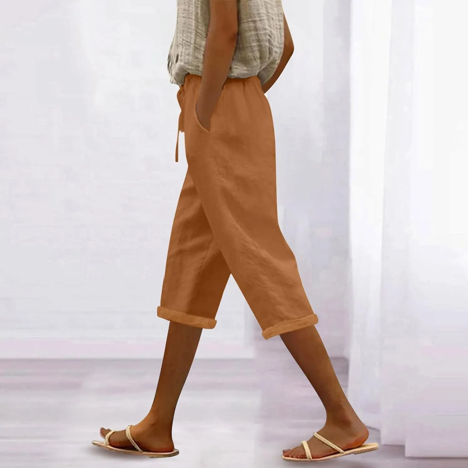 Capris Pants for Women Color Cotton Linen Elastic Seven Pants Beach Casual Pants Linen Baggy Comfort Trousers with
