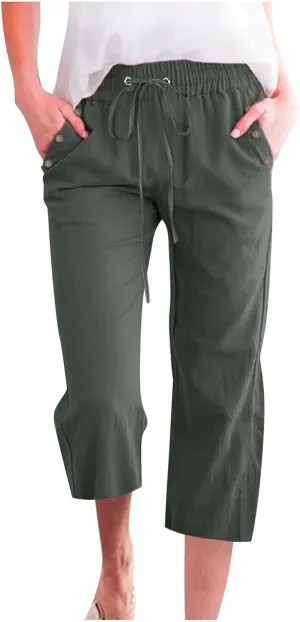 Capris Pants for Women Cotton Linen Casual Summer Wide/Straight Leg Loose Drawstring Elastic Waist Cropped Trousers