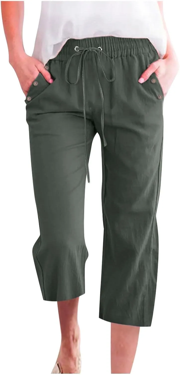 Capris Pants for Women Cotton Linen Casual Summer Wide/Straight Leg Loose Drawstring Elastic Waist Cropped Trousers